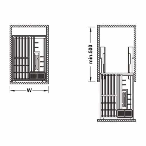 Kích thước bộ rổ kéo đa năng cho tủ dưới Rome Hafele 549.34.053, rộng 300