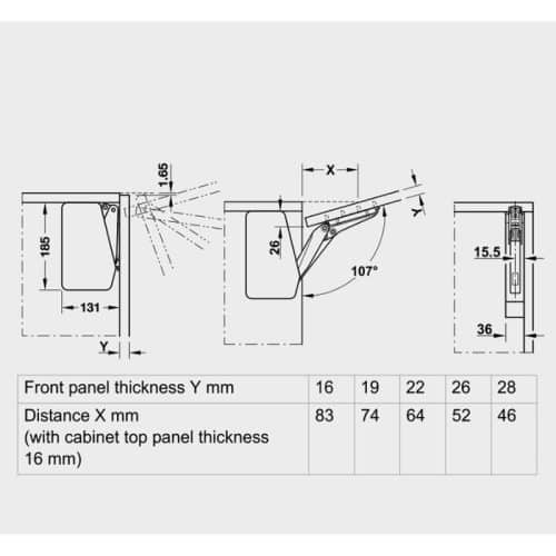 Kích thước bộ tay nâng FREE FLAP 3.15 Hafele 493.05.851 nắp trắng