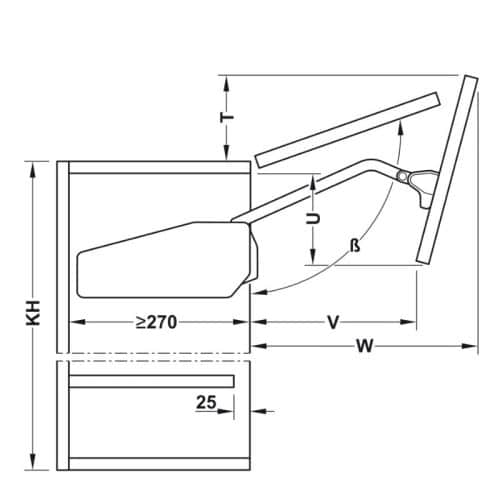 Kích thước bộ tay nâng FREE FOLD SHORT Hafele 493.05.737, xám