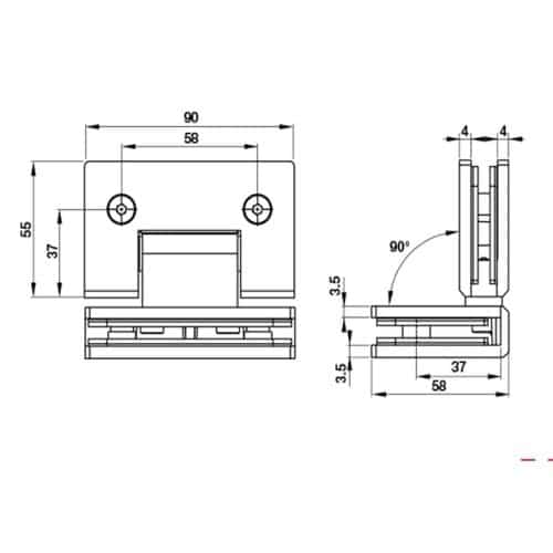 Kích thước bản lề kính 90 độ Bauma 981.77.951