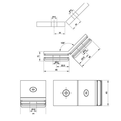 Kích thước kẹp kính - kính 135º màu đen Hafele 981.77.915
