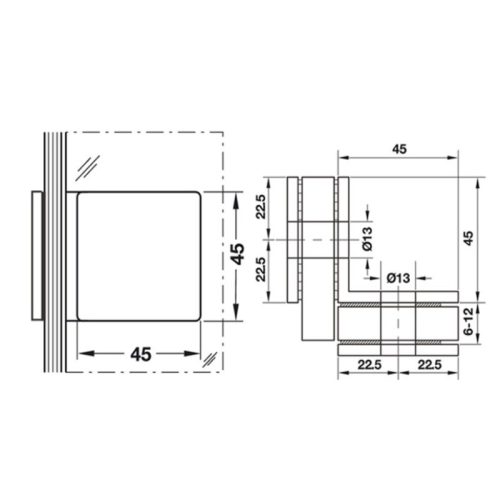 Kích thước kẹp kính-Kính 90 độ Häfele DIY 499.05.818