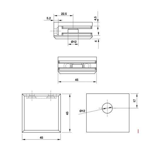 Kích thước kẹp kính tường 90º màu đen Hafele 981.77.919