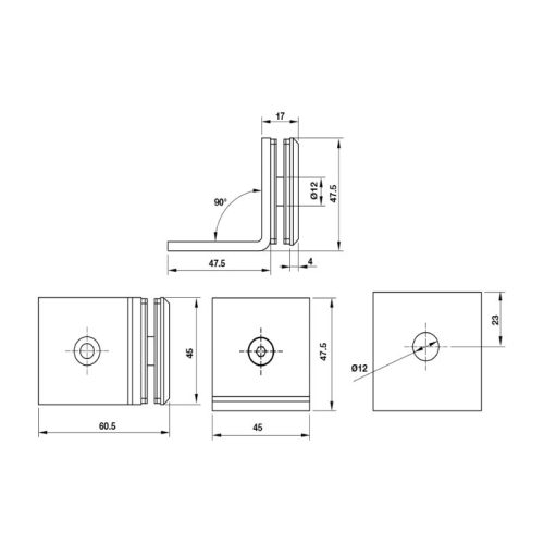 Kích thước kẹp kính tường 90º nhà tắm có đế Hafele 981.77.910